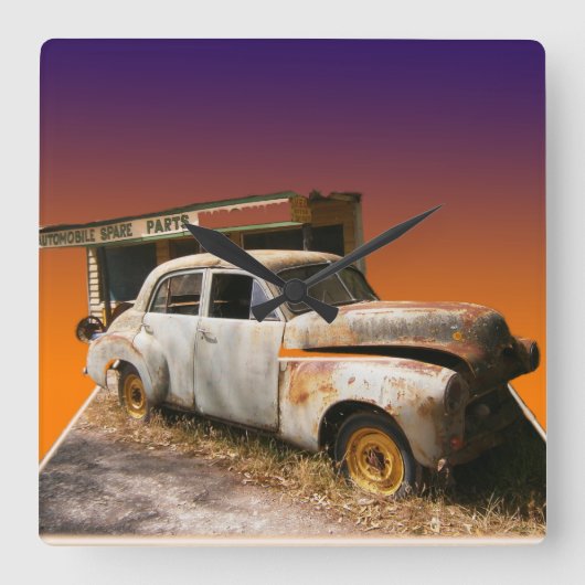 ヴィンテージ素朴自動車とガレージ スクエア壁時計 (正面)