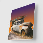 ヴィンテージ素朴自動車とガレージ スクエア壁時計 (傾斜)