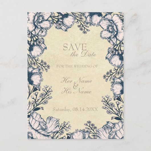 ヴィンテージ素朴花フローラ結婚式の日付を保存 案内ポストカード (正面)
