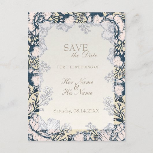 ヴィンテージ素朴花フローラ結婚式の日付を保存 案内ポストカード (正面)