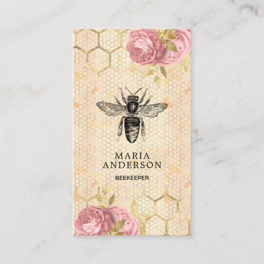 ヴィンテージ素朴赤面ピンクフローラブラックハニービー 名刺 (正面)
