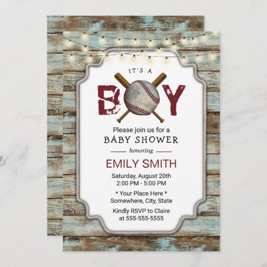 ヴィンテージ素朴野球少年ベイビーシャワー 招待状 (正面/裏面)