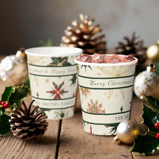 ヴィンテージ素朴金ゴールドと緑の雪片パターン 紙コップ