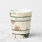 ヴィンテージ素朴金ゴールドと緑の雪片パターン 紙コップ (正面)