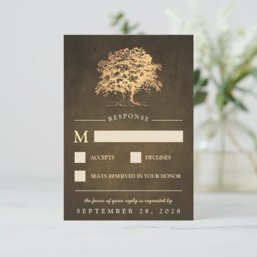 ヴィンテージ素朴金ゴールドオークツリーウェディングRSVPカード 出欠カード (スタンド正面)