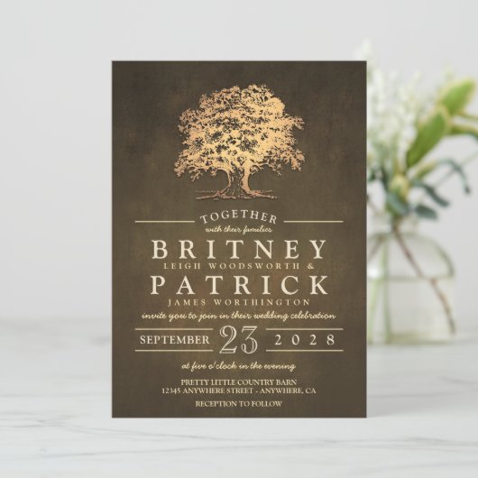 ヴィンテージ素朴金ゴールドオークツリー結婚式招待状 招待状 (スタンド正面)