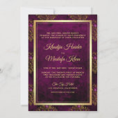 ヴィンテージ素朴金ゴールドパープルダマスムスリム結婚ズ 招待状 (裏面)
