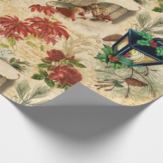 ヴィンテージ素朴金ゴールドフローラクリスマスエフェメラ ラッピングペーパー (角)