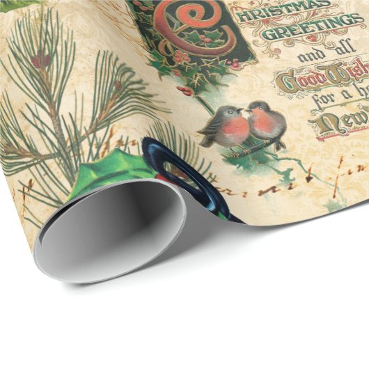 ヴィンテージ素朴金ゴールドフローラクリスマスエフェメラ ラッピングペーパー (ロールコーナー)