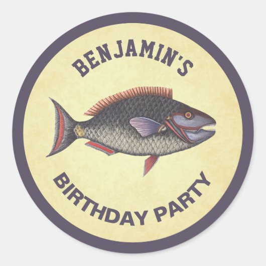 ヴィンテージ素朴魚釣り誕生日パーティーのお願い ラウンドシール (正面)