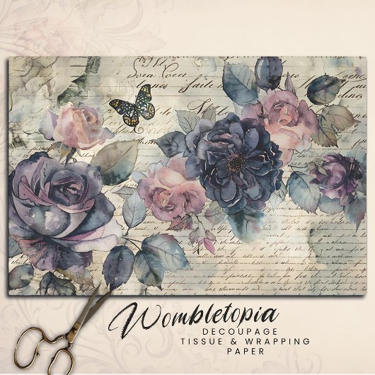 ヴィンテージ紫とピンクのバラの古いスクリプトのデコページ 薄葉紙