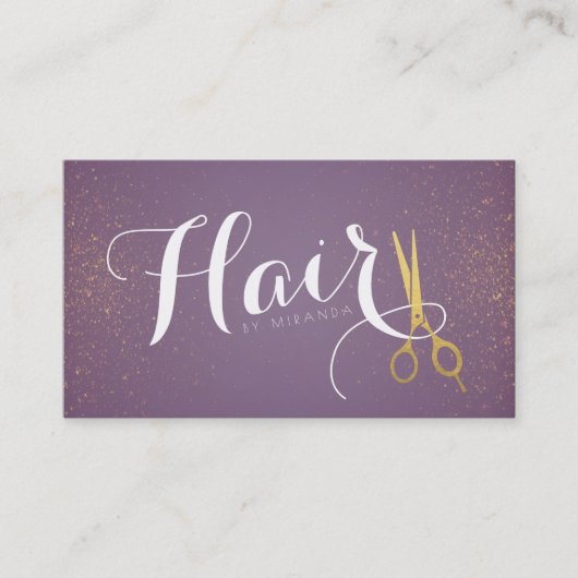ヴィンテージ紫とフェイク金ゴールドはさみヘアサロン 予約カード (正面)