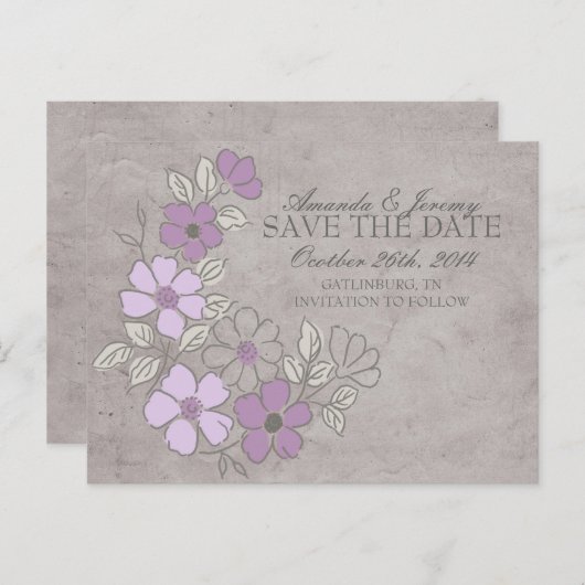 ヴィンテージ紫と灰色のフローラ保存日付 案内ポストカード (正面/裏面)