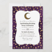 ヴィンテージ紫と金ゴールドウィザードをテーマにした誕生日 招待状 (正面)