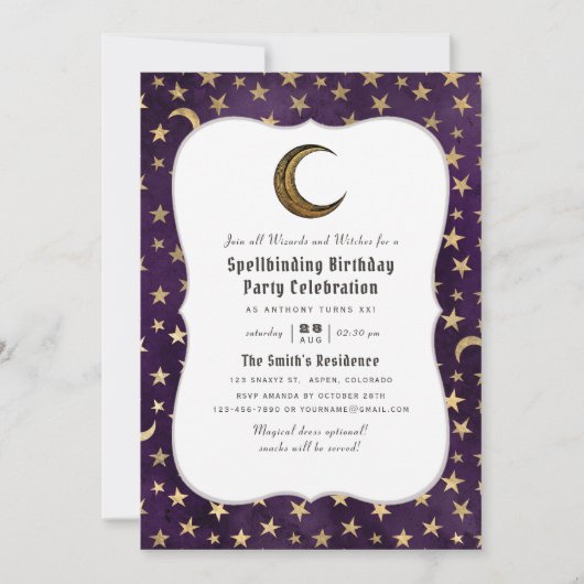 ヴィンテージ紫と金ゴールドウィザードをテーマにした誕生日 招待状 (正面)