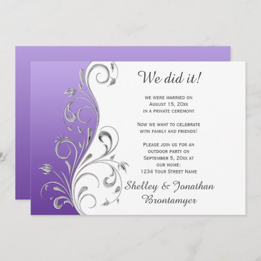 ヴィンテージ紫と銀華美フローラ渦巻き 招待状 (正面/裏面)