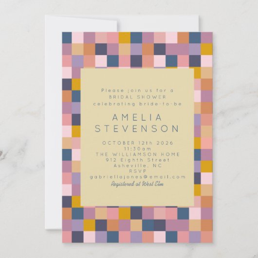 ヴィンテージ紫と黄色の幾何学的ブライダルシャワー 招待状 (正面)