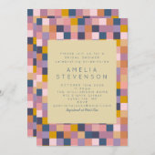 ヴィンテージ紫と黄色の幾何学的ブライダルシャワー 招待状 (正面/裏面)