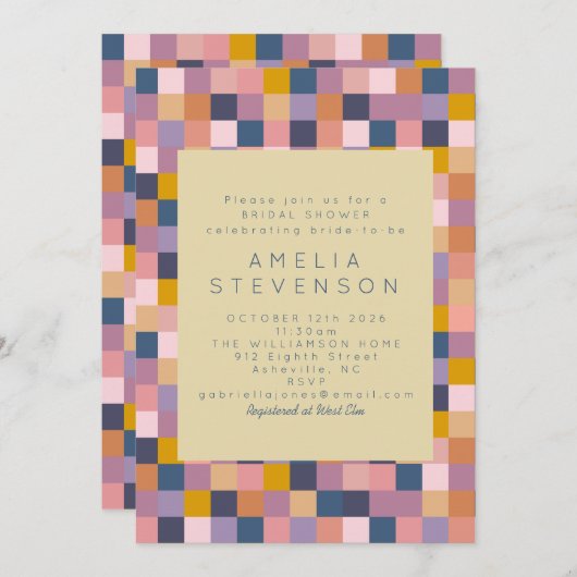 ヴィンテージ紫と黄色の幾何学的ブライダルシャワー 招待状 (正面/裏面)
