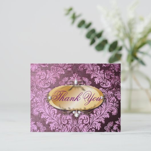 ヴィンテージ紫のダマスクウェディング感謝していユー ポストカード (スタンド正面)