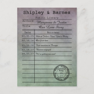 ヴィンテージ紫の緑のライブラリカード日付を保存 案内ポストカード