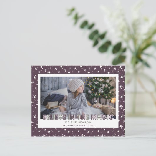 ヴィンテージ紫の雪の星の写信じ真 シーズンポストカード (スタンド正面)