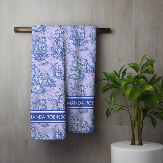 ヴィンテージ紫の青いトワール・ド・ジュイ バスタオルセット