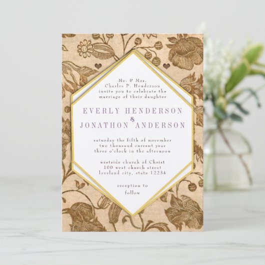 ヴィンテージ紫アクセント愛バードパタ結婚ーン 招待状 (スタンド正面)