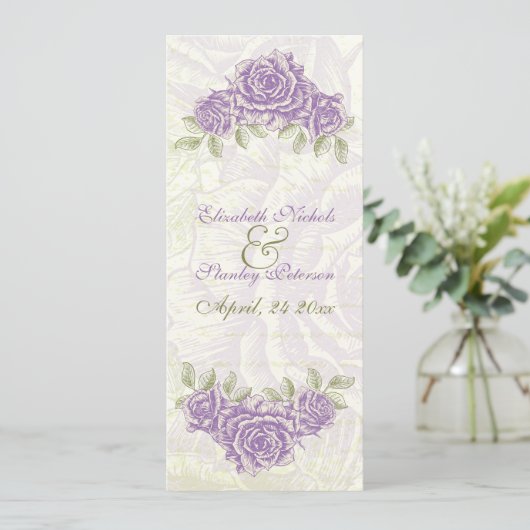 ヴィンテージ紫バラ結婚の式プログラムカード プログラム (スタンド正面)