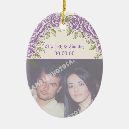 ヴィンテージ紫バラ結婚ズ セラミックオーナメント (正面)