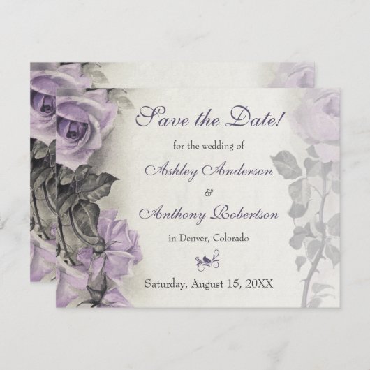 ヴィンテージ紫バラ結婚式の日付を保存 セーブザデート (正面/裏面)