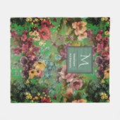 ヴィンテージ紫フローラグリーンパターンモノグラム フリースブランケット (正面(横))