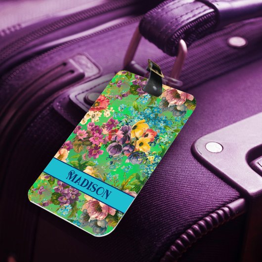 ヴィンテージ紫フローラグリーンパターンモノグラム ラゲッジタグ