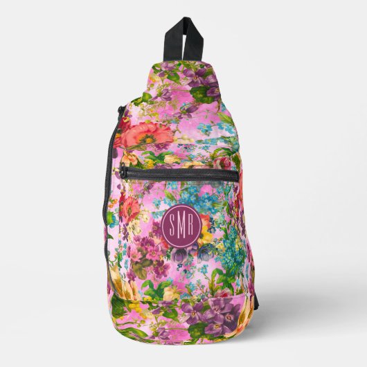 ヴィンテージ紫フローラピンクパターンモノグラム印刷 スリングバッグ (正面)