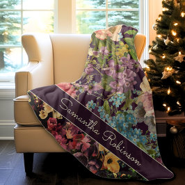 ヴィンテージ紫フローラブラックパターンモノグラム フリースブランケット