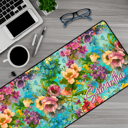 ヴィンテージ紫フローラブルーパターンモノグラム デスクマット