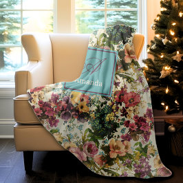 ヴィンテージ紫フローラホワイトパターンモノグラム フリースブランケット