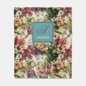 ヴィンテージ紫フローラホワイトパターンモノグラム フリースブランケット (正面)