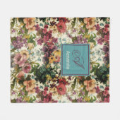 ヴィンテージ紫フローラホワイトパターンモノグラム フリースブランケット (正面(横))