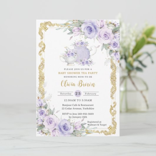 ヴィンテージ紫フローラ茶パーティー赤ちゃんシャワー 招待状 (スタンド正面)