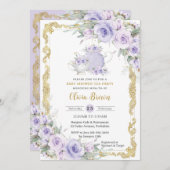 ヴィンテージ紫フローラ茶パーティー赤ちゃんシャワー 招待状 (正面/裏面)