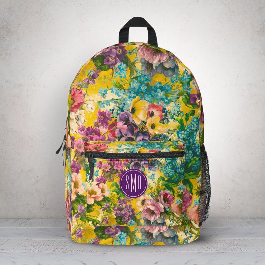 ヴィンテージ紫フローラ黄模様モノグラム プリントバックパック