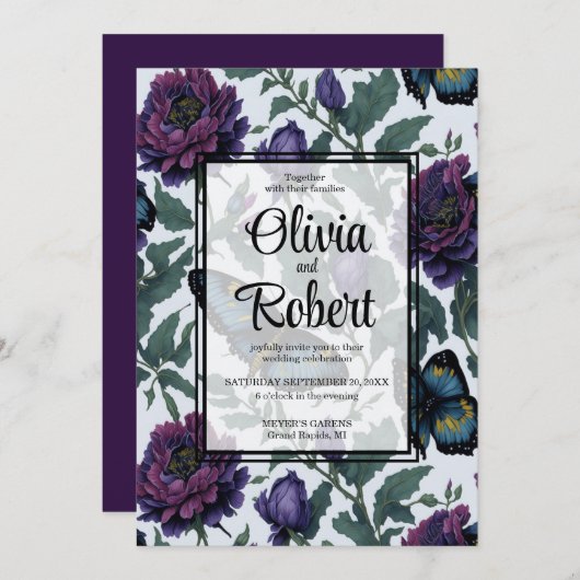 ヴィンテージ紫マゼンタフローラ蝶結婚類 招待状 (正面/裏面)