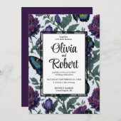 ヴィンテージ紫マゼンタフローラ蝶結婚類 招待状 (正面/裏面)