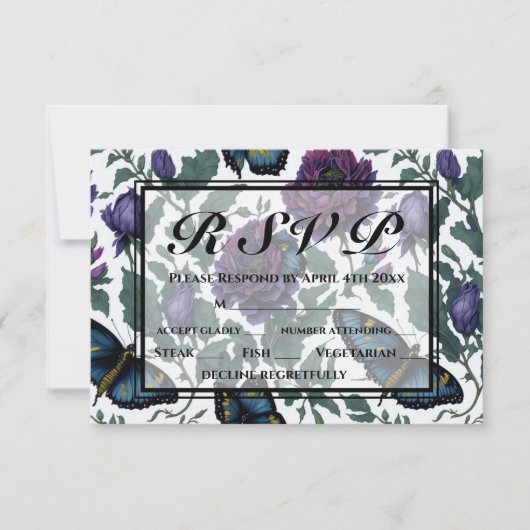 ヴィンテージ紫マゼンタフローラ蝶RSVP 出欠カード (正面)