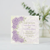 ヴィンテージ紫色のバラ結婚式の日付を保存 セーブザデート (スタンド正面)