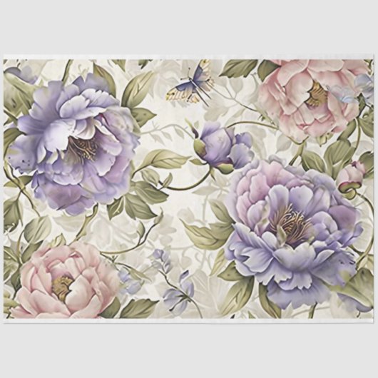 ヴィンテージ紫色のピンクの花と蝶のデコパージュ 薄葉紙 (正面)