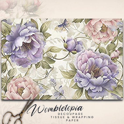 ヴィンテージ紫色のピンクの花と蝶のデコパージュ 薄葉紙