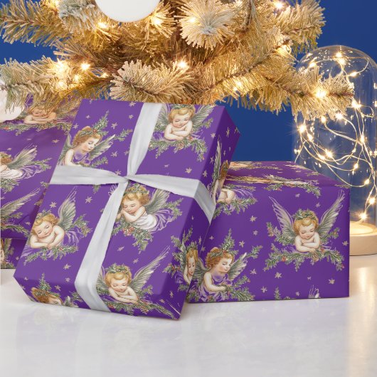 ヴィンテージ紫色の天使のパターン ラッピングペーパー (クリスマス)