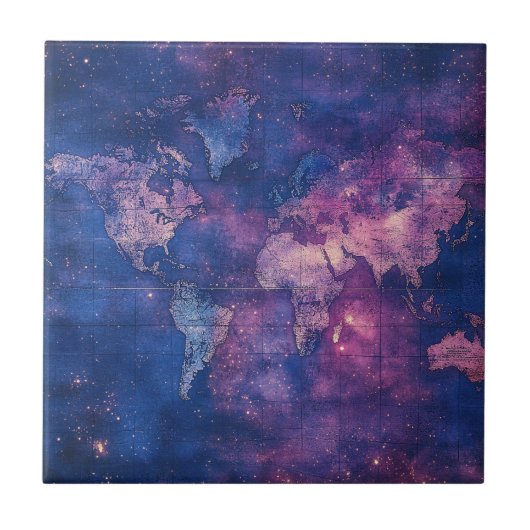 ヴィンテージ紫色の天空の世界地図(10) タイル (正面)